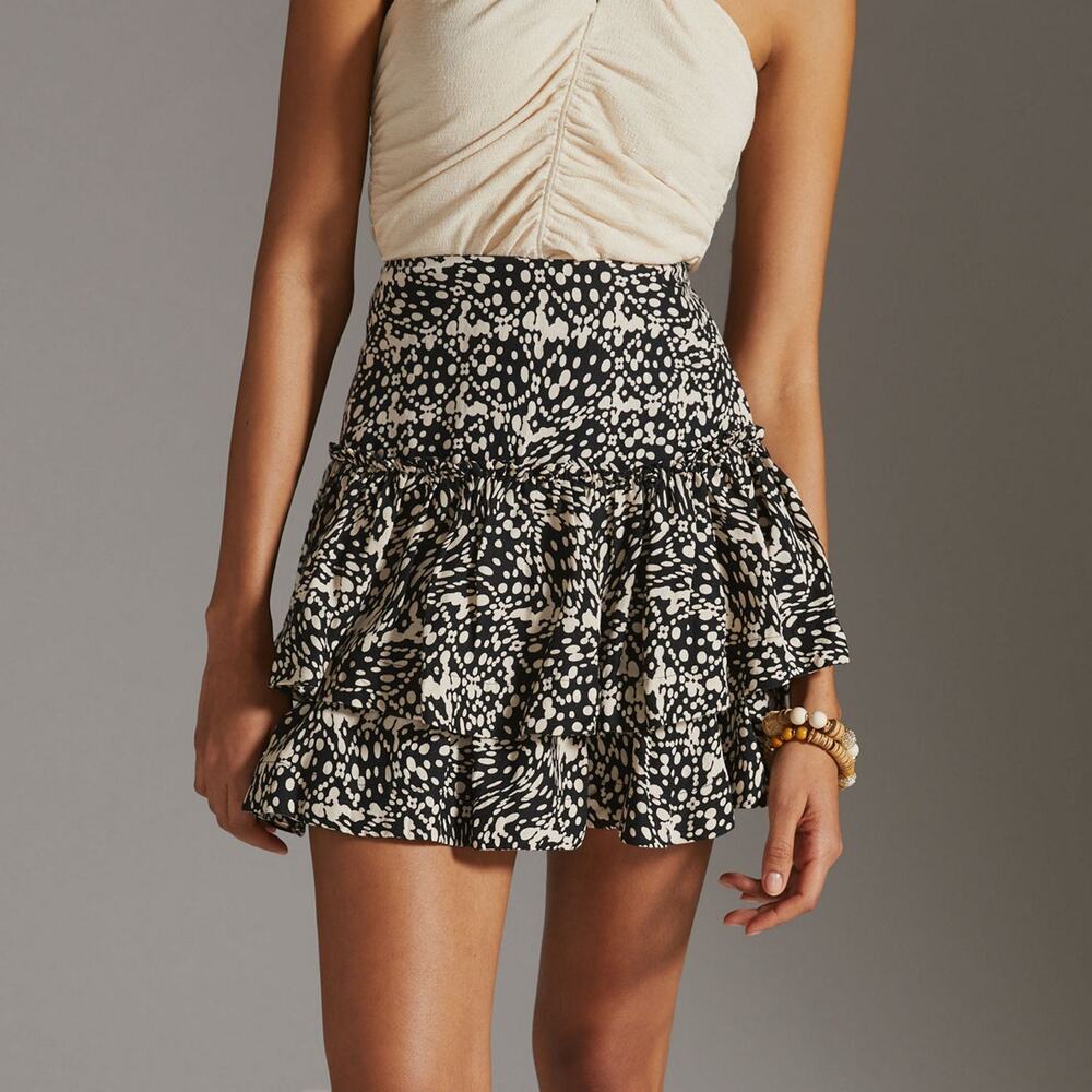 Anthropologie Maeve High Waisted Ruffle Tiered Linen Mini Skirt Black Cream 0
